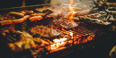 A mouthwatering display of grilled meats sizzles over an open fire, inviting a feast.