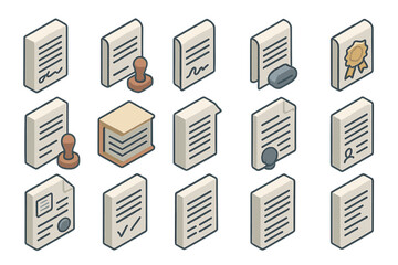 Isometric legal documents and stamps with seals and icons
