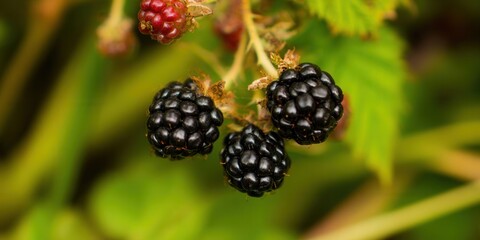 Juicy blackberries hang from a branch, showcasing their ripe, dark, and delicious fruit in a lush garden setting.