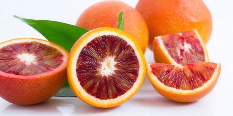 Sliced blood oranges with vibrant red interiors, perfect for a healthy snack or refreshing juice.