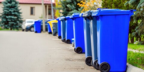 Several blue recycling bins neatly placed along the side of a residential street for collection.