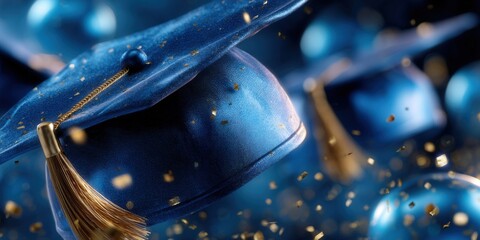 A beautiful graduation scene featuring a mortarboard cap with gold tassels and confetti