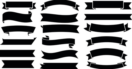 Black banner, ribbon silhouette vector set. Perfect for title, decoration, design. Editable, customizable. Bold shapes, modern to vintage styles. Straight edged, curved, waved designs