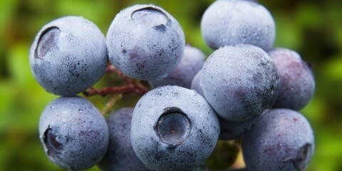 A close-up of fresh blueberries, glistening with morning dew in a natural setting.