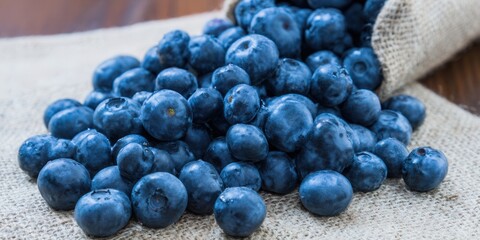 Ripe blueberries spilling from a rustic sack on a burlap background.