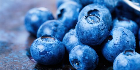 Vibrant blueberries with water droplets, a close-up view showcasing freshness.