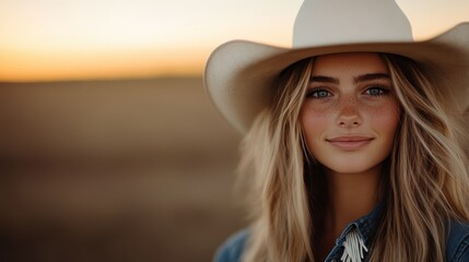 A close-up of a young woman in a cowboy hat, smiling against a picturesque sunset, embodying the spirit of freedom, adventure, and connection to nature.