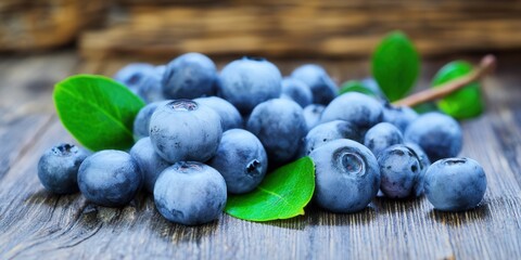 Delicious blueberries are piled on a wooden surface, showcasing freshness and natural appeal.