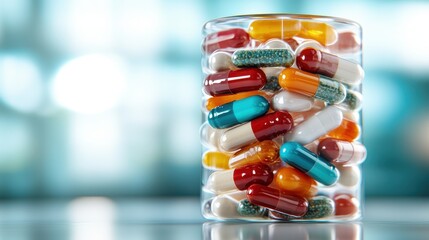 A diverse collection of capsules stacked in a glass jar, visually conveying health and wellness concepts with their vibrant colors and intricate designs, promoting various remedies.