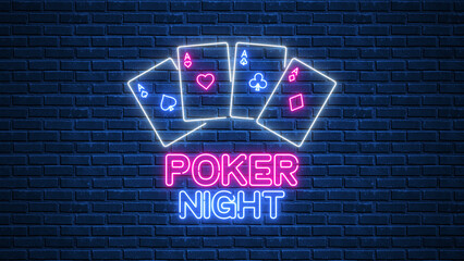 poker night and game cards neon lights on brick wall flicker, casino gambling and game design element	