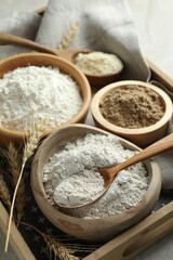 Different types of flour on light table, closeup