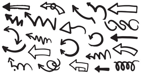 Hand-drawn Arrow Collection: A diverse set of hand-drawn arrows in various styles, perfect for design projects needing directional indicators or decorative elements.