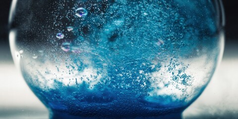 Intriguing macro shot of bubbles suspended in blue liquid, creating a mesmerizing visual.