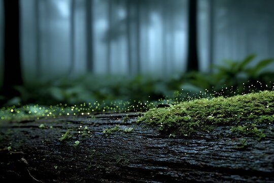 Glowing foxfire fungus decaying tree trunk in temperate forest natural green bioluminescence spreading across wet bark in a misty forest floor scene