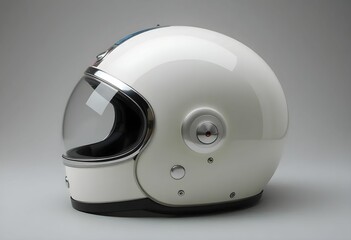 Fototapeta premium Retro-style bubble motorcycle helmet with chrome trim and large transparent visor, isolated on neutral backdrop.
