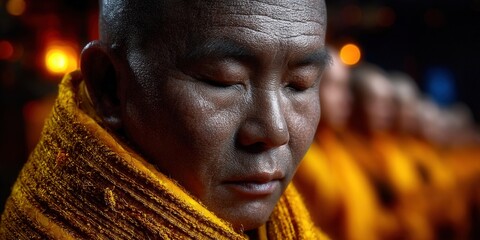 Close-up of a meditating Buddhist monk with closed eyes in deep contemplation.
