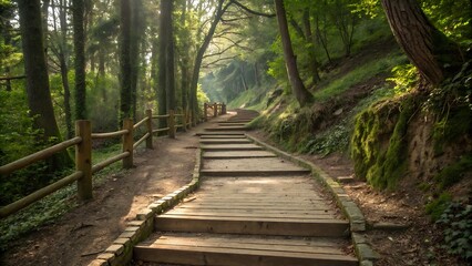 Obraz premium The Leading Path: Winding Forest Trail with Boardwalk and Stone Steps Inviting Journey