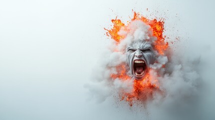 This dramatic image depicts a face emerging from clouds, surrounded by flames and smoke, representing raw emotion and explosive energy in a powerful artistic interpretation.