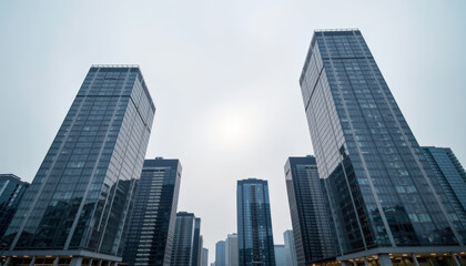 Fototapeta premium Modern skyscrapers under cloudy sky with sun