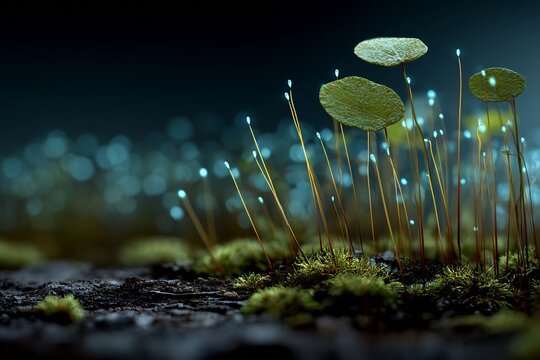 Forest undergrowth glowing faintly bioluminescent springtails in leaf litter highly realistic low light close up of micro fauna ecosystem