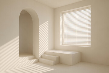 Fototapeta premium Soft Light Illuminates Minimalist White Room Archway Steps Window Blinds image