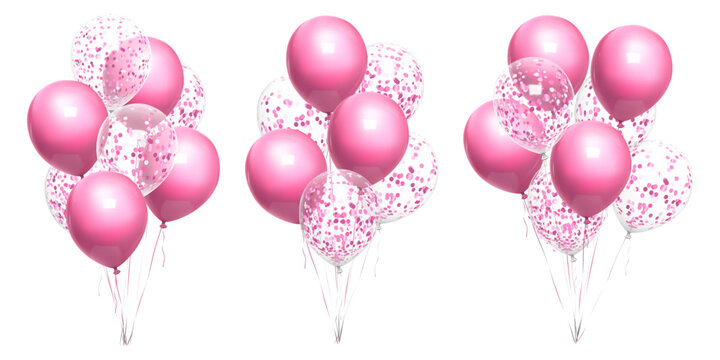 Bunch of happy birthday balloons 3d, minimal bday present. Pink corol party decoration, vector isolated on white bg. Inflated air balls float, realistic element mockup. Anniversary helium gift set
