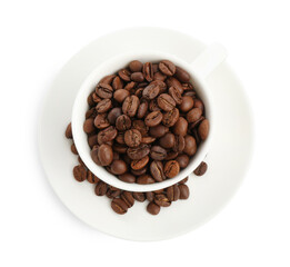 Ceramic cup with roasted coffee beans isolated on white, top view