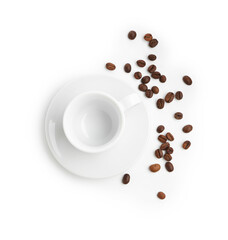 Ceramic cup with roasted coffee beans isolated on white, top view