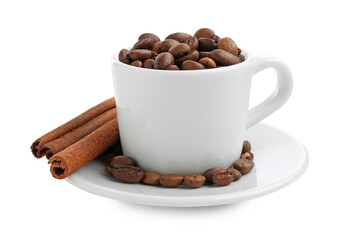 Ceramic cup with roasted coffee beans and cinnamon isolated on white