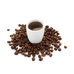 Aromatic coffee in cup and beans isolated on white