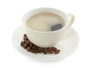Aromatic coffee in cup and beans isolated on white