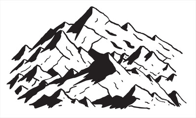 Mountains, peaks, stylized monochrome sketch of mountain range in ink. Rugged and wild aesthetic for artistic and nature visuals.