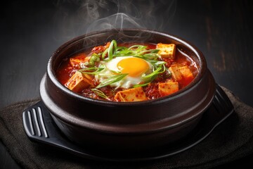 Steaming bowl of spicy tofu stew, garnished with a fried egg and green onions, served in a dark earthenware pot