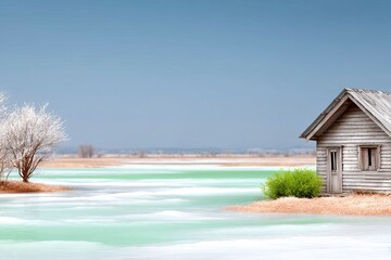 Fototapeta premium Lonely Rustic Cabin Beside Frozen Pond Winter Landscape