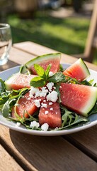 A fresh summer salad with watermelon slices, arugula, and crumbled cheese. The dish is garnished with mint leaves, served on a wooden table.
