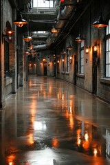 Fototapeta premium Long Industrial Brick Hallway with Warm Lights and Reflective Floor