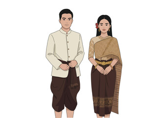 Couple in Traditional Dress, Art Pattern, Vector Flat Background