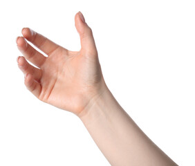 Woman holding something in hand on white background, closeup