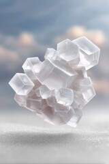 Macro View of White Sugar Crystal Clusters Against a Cloudy Sky Background