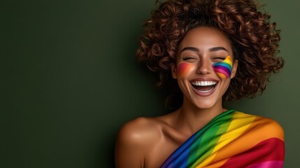 A woman with radiant eyes and a big smile displays rainbow face paint, embodying the spirit of joy, celebration, and inclusivity in a vibrant, cultural expression of pride.