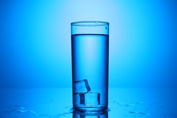 Fresh water with ice cubes in glass on mirror table against blue gradient background, closeup