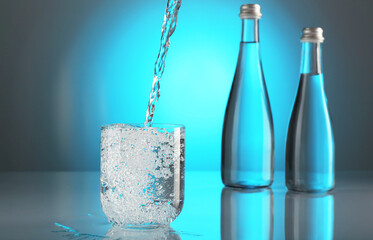 Pouring water into glass on mirror table against light blue gradient background. Backlit