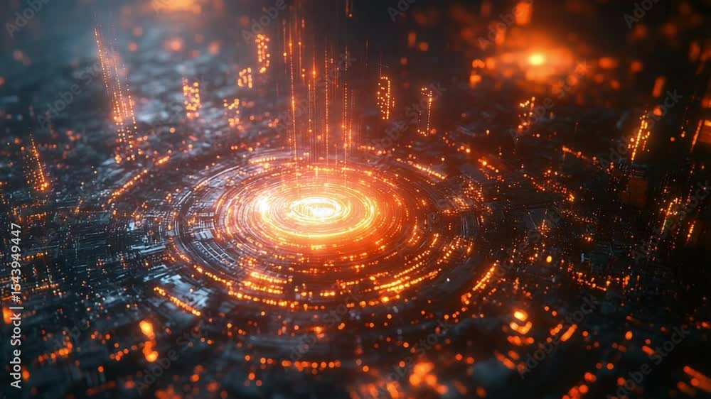 Aufkleber Cyber Core's Radiance: A mesmerizing, high-angle shot unveils a cybernetic core pulsing with an inner, fiery luminescence. Illustrating future technology and innovative tech. 