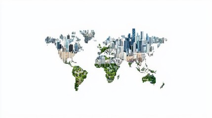 A creative fusion of nature and urban life represented in a world map, showcasing sustainability and city life.
