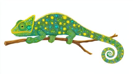 Naklejka premium Vibrant green chameleon resting on a branch, showcasing its unique patterns and colors.