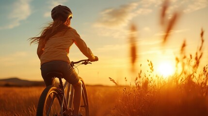 A young girl rides her bicycle through expansive golden fields under a stunning sunset, capturing the essence of adventure and the freedom of childhood exploration.