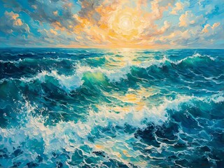 Obraz premium Dramatic Seascape Painting Showcasing Sunset Over Rocky Coastline