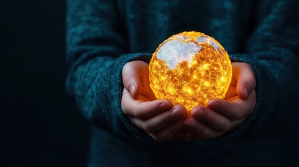 A pair of hands cradles a glowing globe made of interconnected lines, symbolizing unity, connectivity, and the shared responsibility for our planet's future and resources.