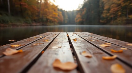 A picturesque wooden dock adorned with fallen autumn leaves overlooks a peaceful, misty lake, embodying the serene beauty and quietude of nature during fall season.