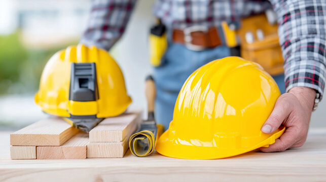 Construction worker preparing tools and safety gear at a building site in daytime